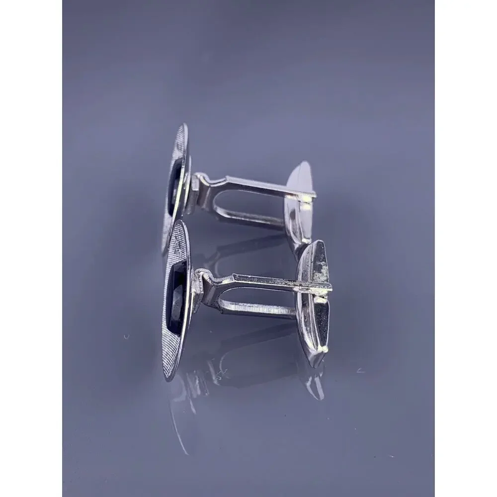Black Obsidian Sterling Silver Cufflinks Oval Etched Leaves Simple JML Vintage